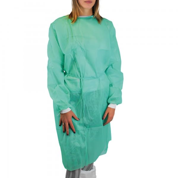 gef + medica – Camice Monouso in PLP 30 g/m², Girocollo, Polsini Elasticizzati o in Maglia, Chiusura a Lacci, Unisex, Verde, Taglia Unica