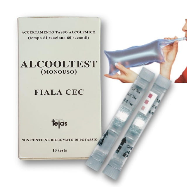 GEF Medica - 10 Alcoltest Monouso con Palloncino Biodegradabile | Senza Cromo, Alta Precisione (95%) | Test Prevenzione Alcolemia Facile e Sicuro