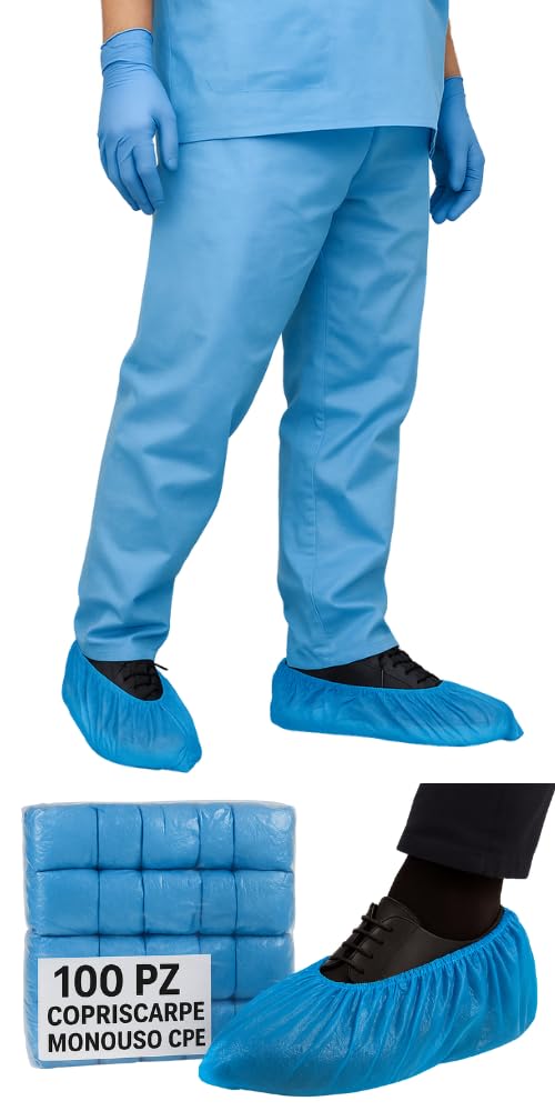 GEF Medica - 100 Copriscarpe Monouso CPE con Cucitura a Macchina – 50 Paia Impermeabili, Antiscivolo, Taglia Unica Fino al 48 – Per Ambienti Professionali