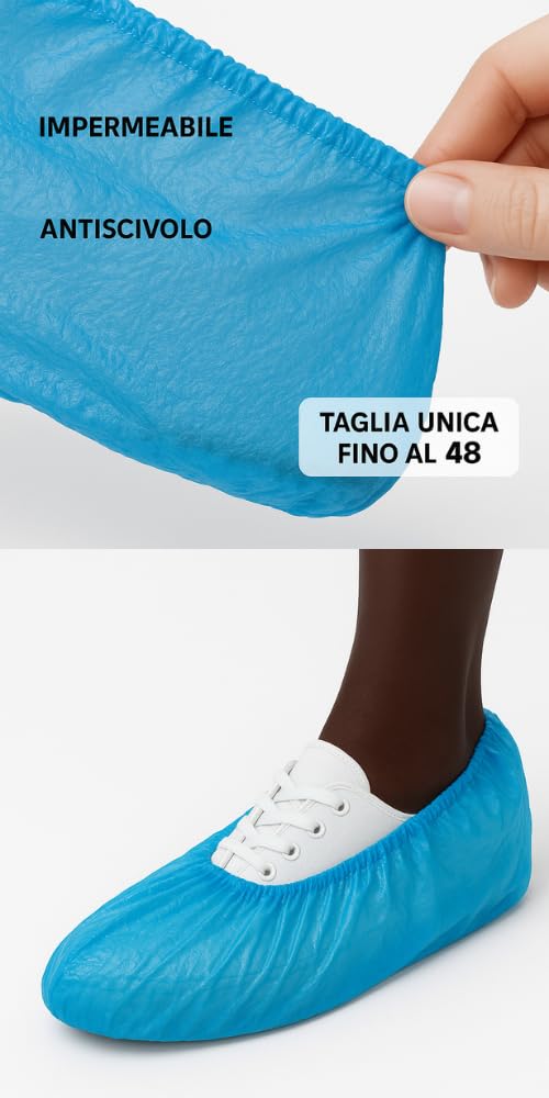 GEF Medica - 100 Copriscarpe Monouso CPE con Cucitura a Macchina – 50 Paia Impermeabili, Antiscivolo, Taglia Unica Fino al 48 – Per Ambienti Professionali