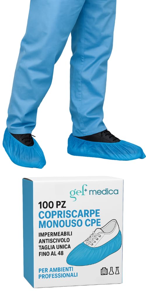 GEF Medica - 100 Copriscarpe Monouso CPE con Cucitura a Macchina – 50 Paia Impermeabili, Antiscivolo, Taglia Unica Fino al 48 – Per Ambienti Professionali